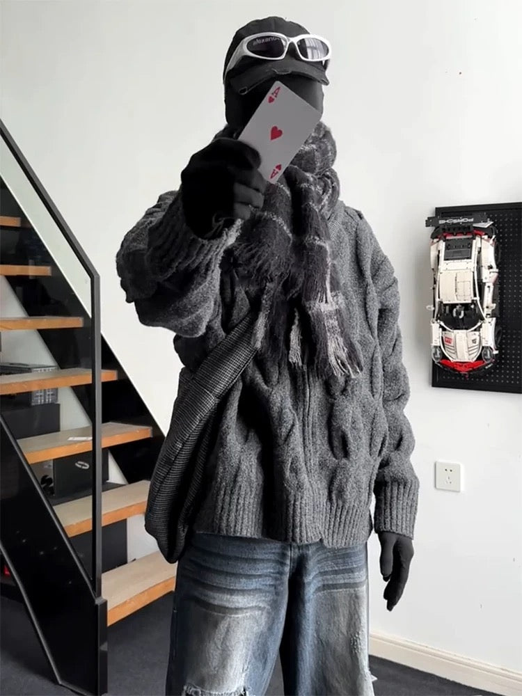 Vintage Cable Knit Turtleneck Sweater – American Retro Textured Pullover for MenS0026