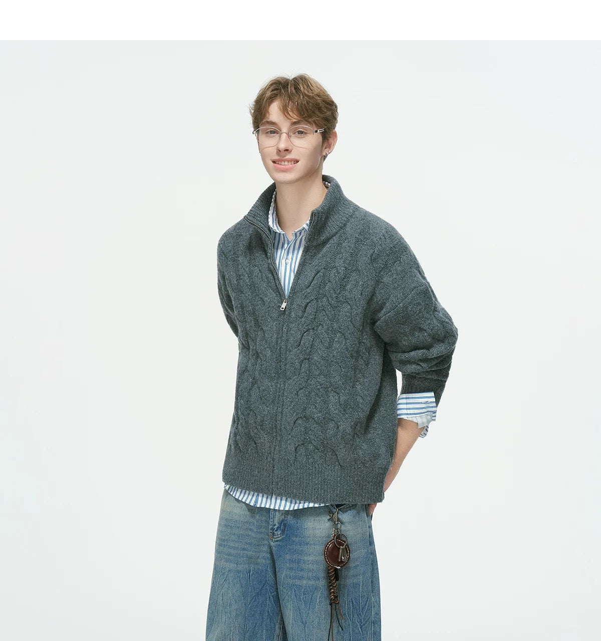 Vintage Cable Knit Turtleneck Sweater – American Retro Textured Pullover for MenS0026