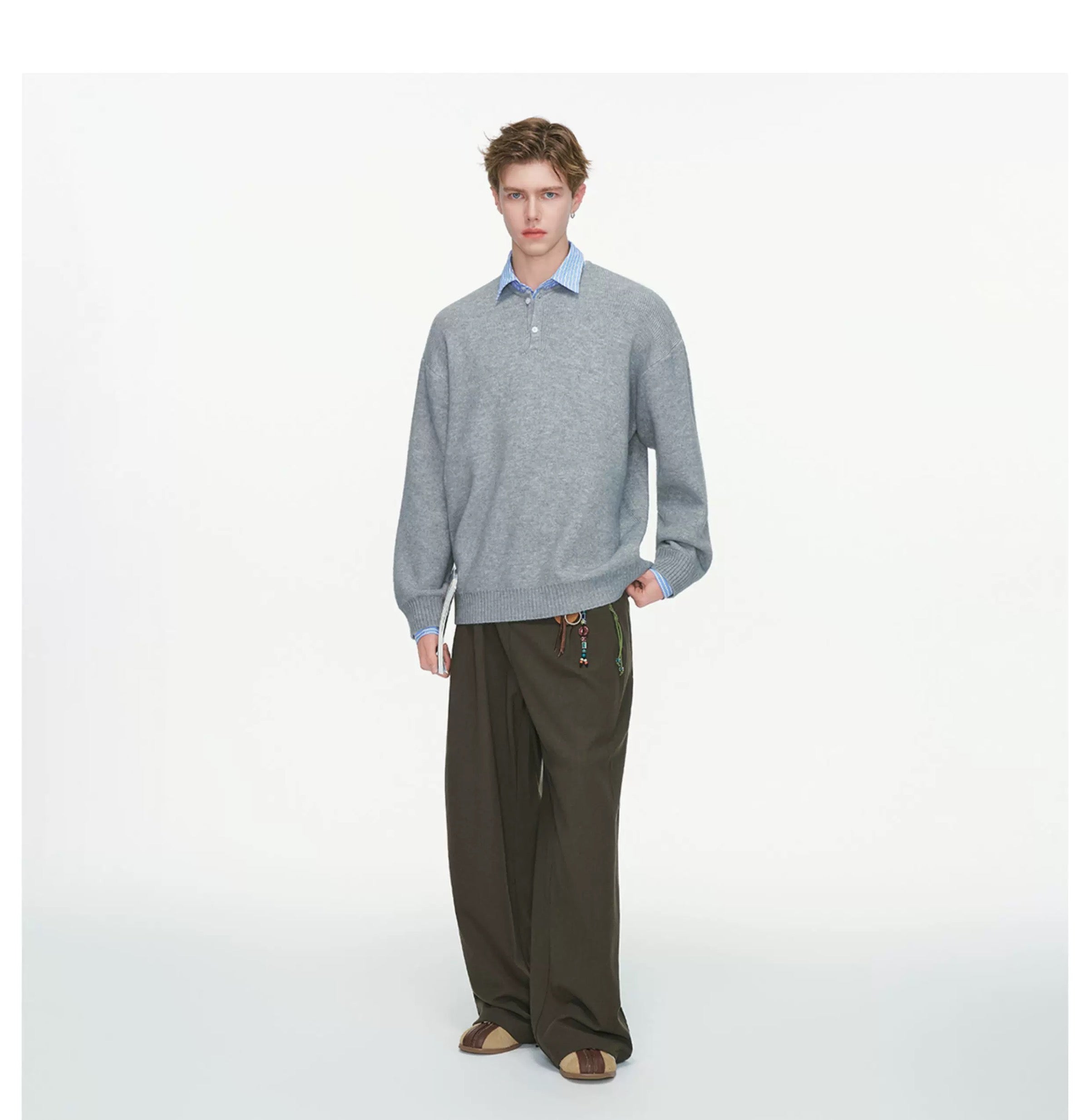 Men’s Layered Stripe Collar Sweatshirt – Vintage Preppy Street Pullover S0045