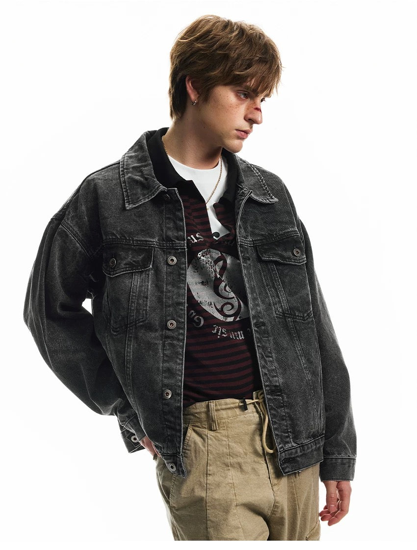 Men’s Vintage Washed Denim Jacket – American Retro Distressed Streetwear Outerwear T0052
