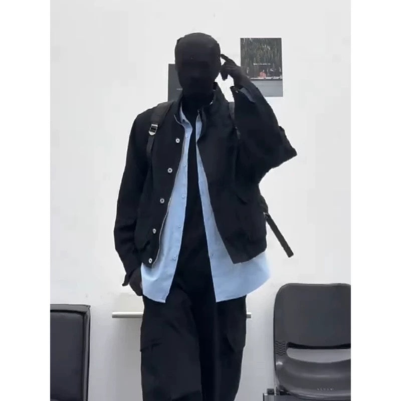 Men’s Short Utility Stand Collar Jacket – Vintage Workwear Streetwear Outerwear T0048