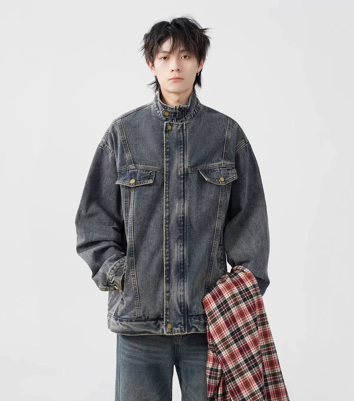 Men’s Vintage Washed Denim Jacket – American Retro Distressed Streetwear Outerwear T0046