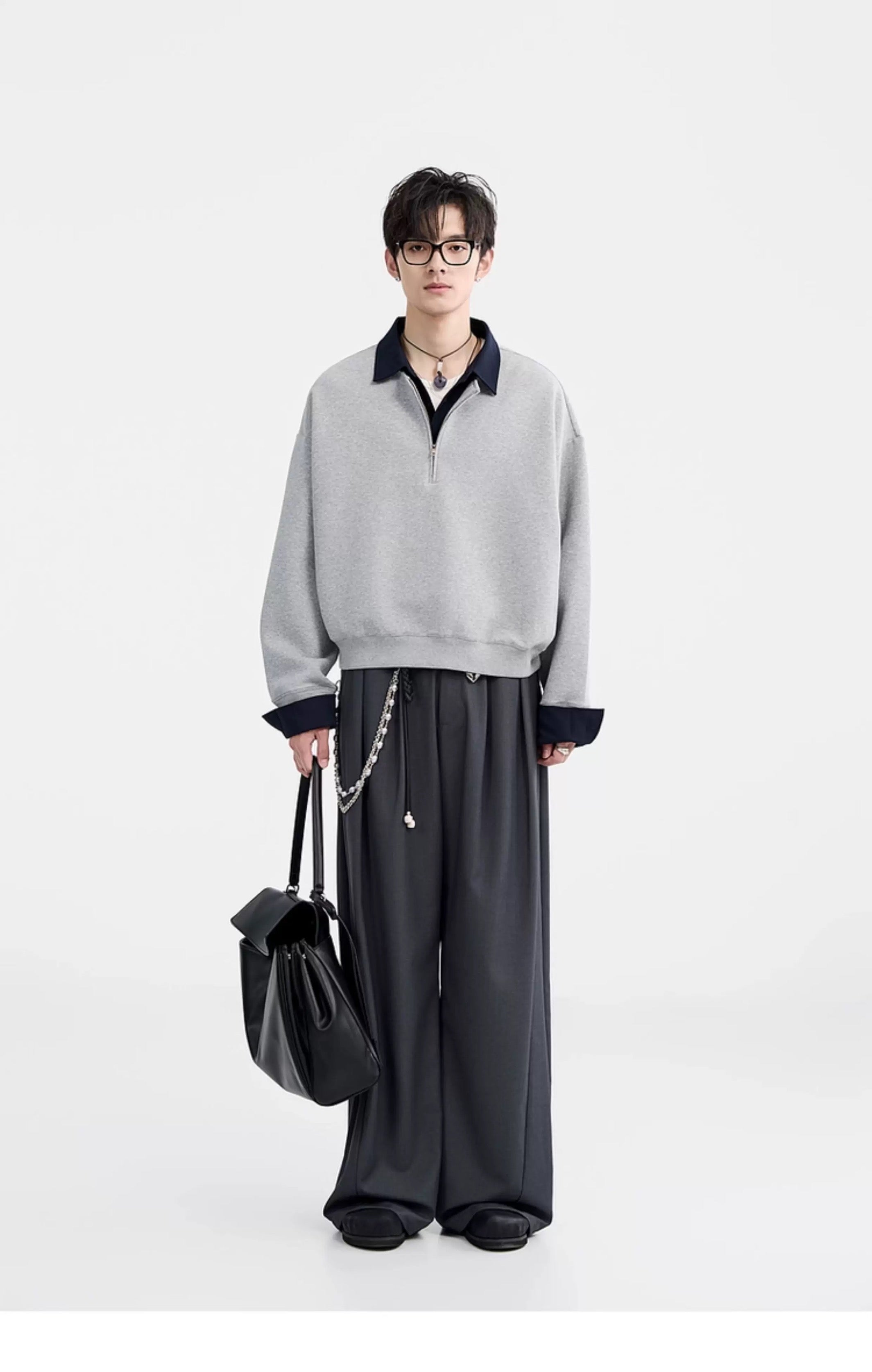 Sudadera con cuello camisero y bloques de color - Jersey extragrande Cleanfit con media cremallera para hombre T0047