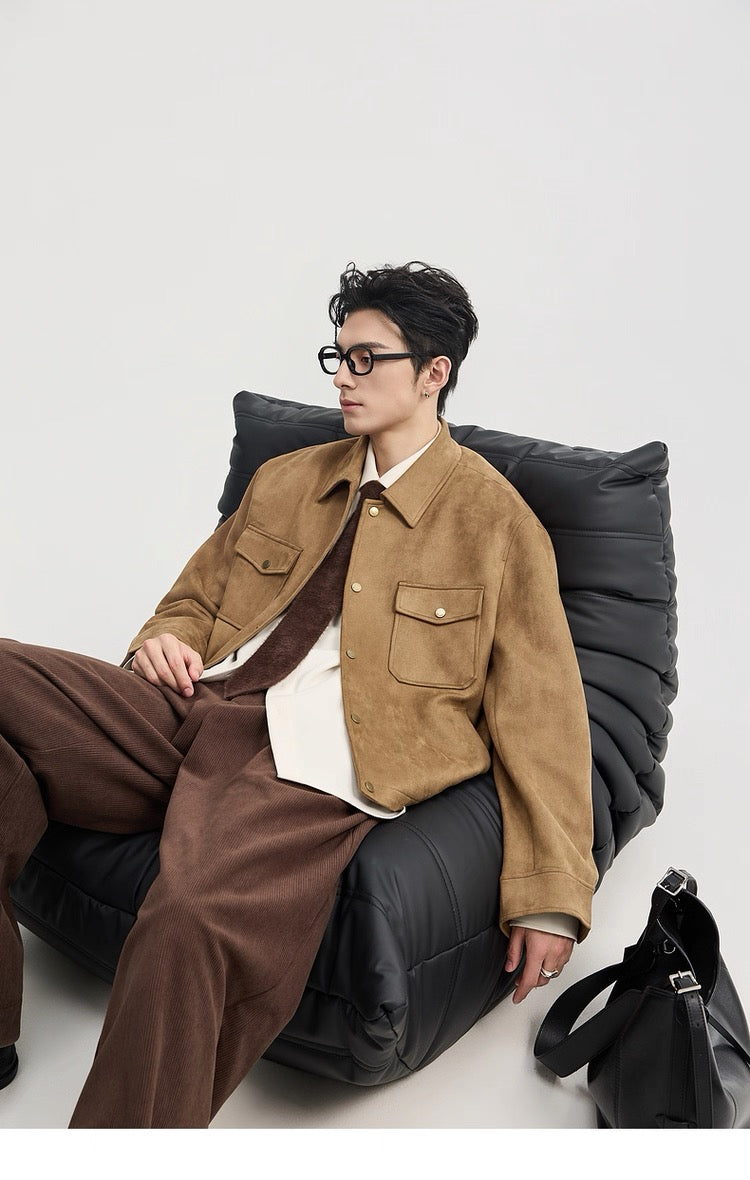 Chaqueta retro premium de ante sintético con solapa para hombre - Top corto informal para otoño T0039