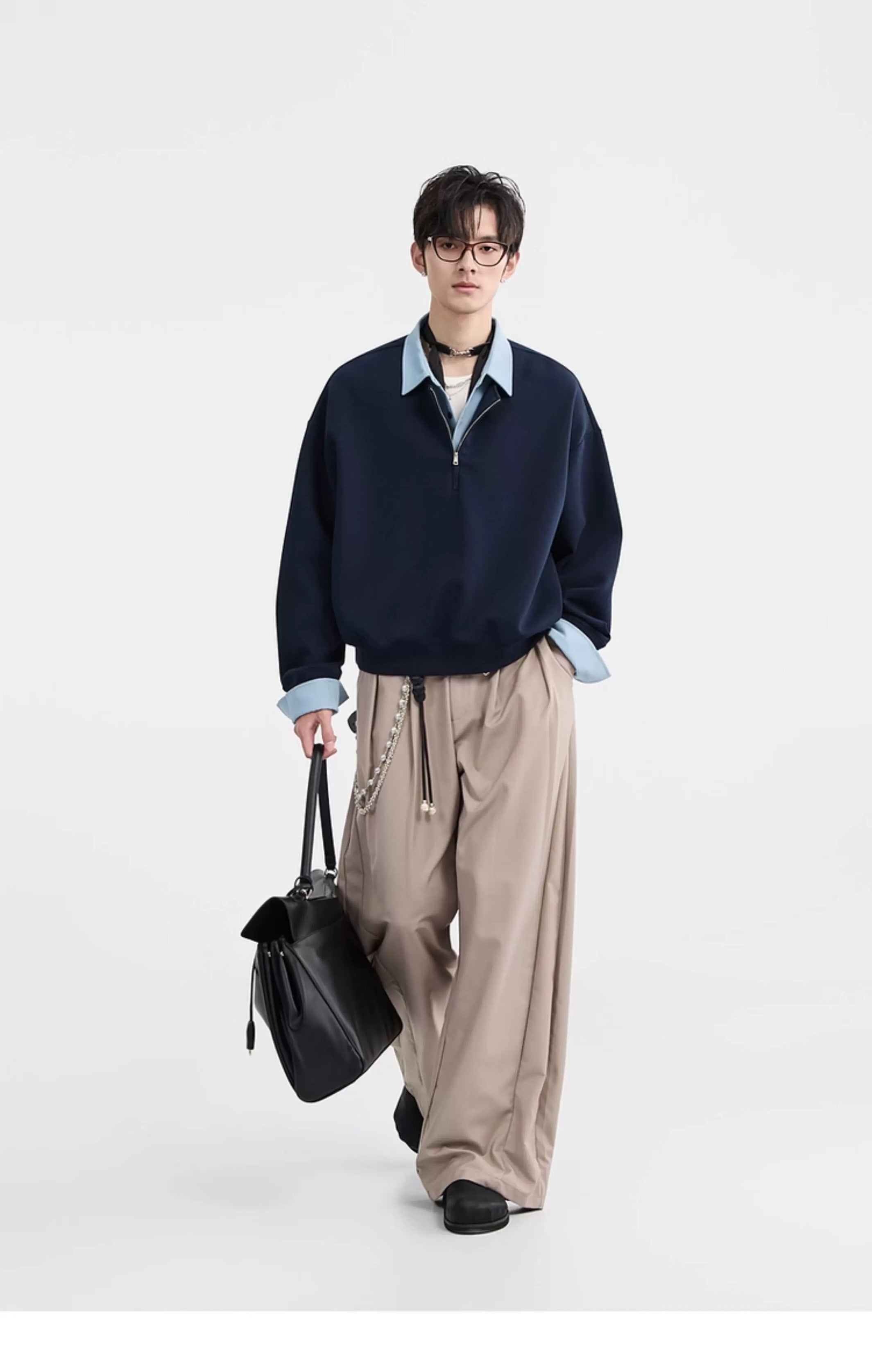 Sudadera con cuello camisero y bloques de color - Jersey extragrande Cleanfit con media cremallera para hombre T0047