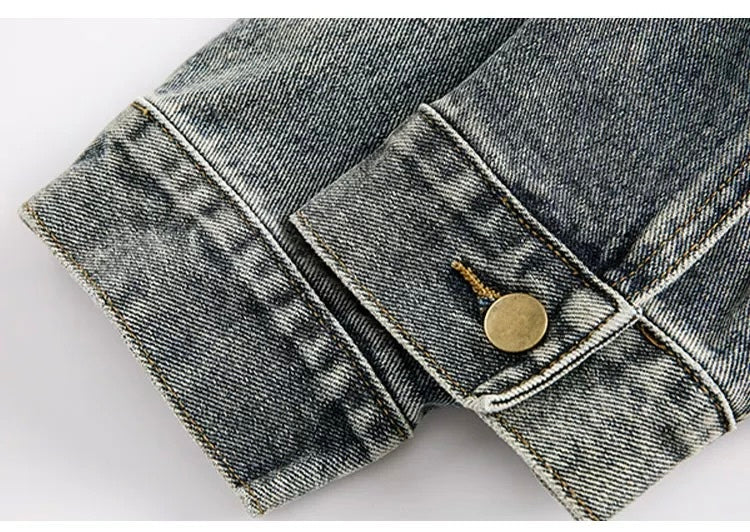 Men’s Vintage Washed Denim Jacket – American Retro Distressed Streetwear Outerwear T0046
