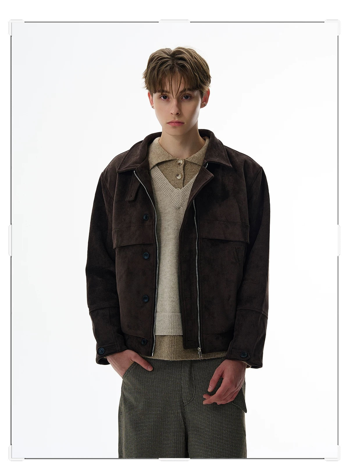 American Retro Suede Jacket – Brown Faux Suede Lapel Trucker Coat T0027