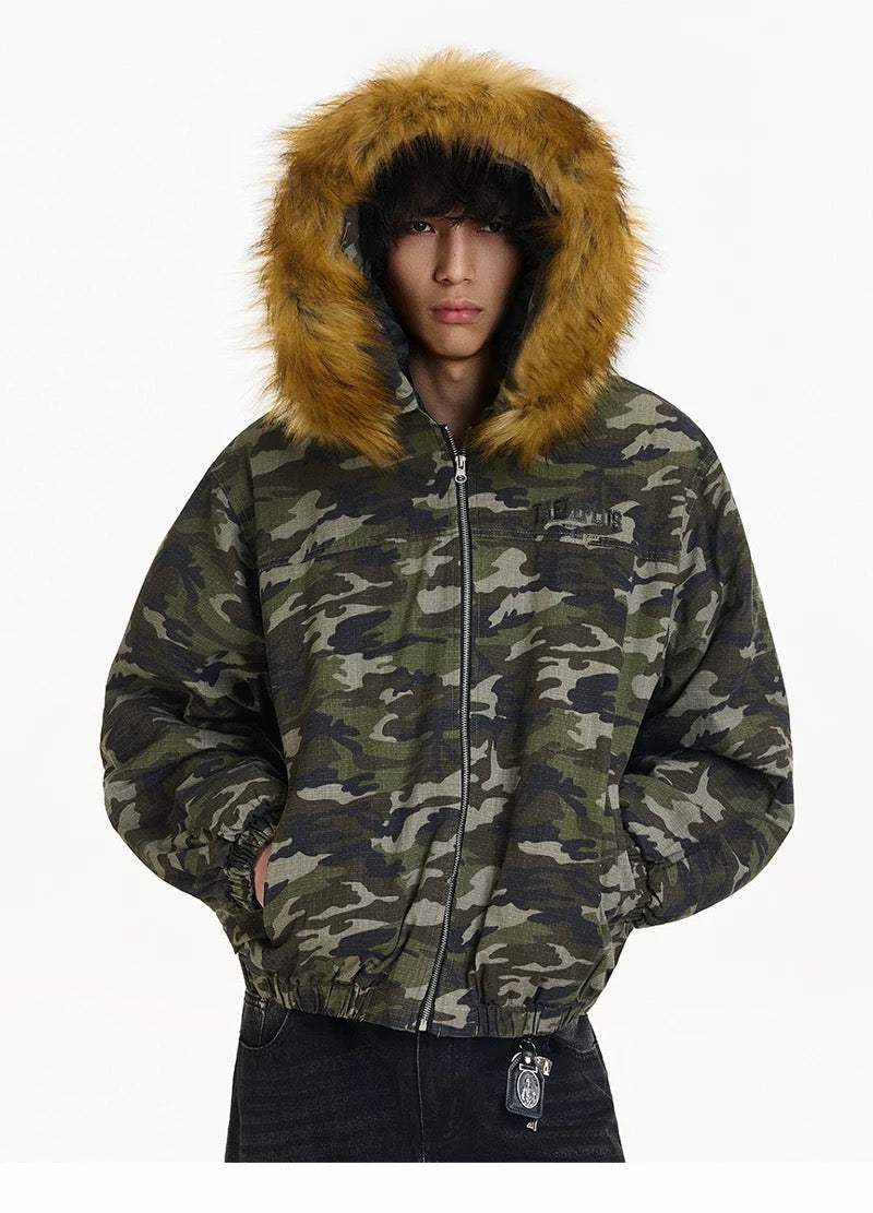 Men’s Vintage Camo Fur Hooded Puffer Jacket – American Retro Winter Street Coat T0056