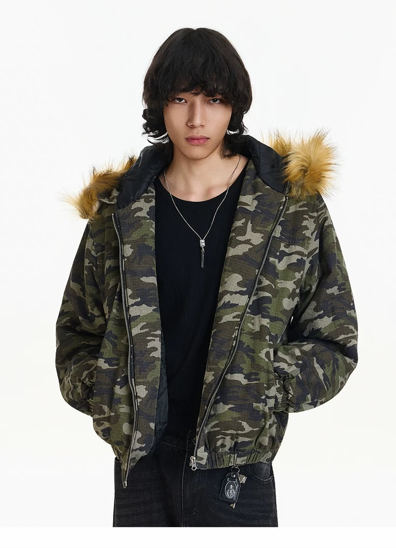 Men’s Vintage Camo Fur Hooded Puffer Jacket – American Retro Winter Street Coat T0056
