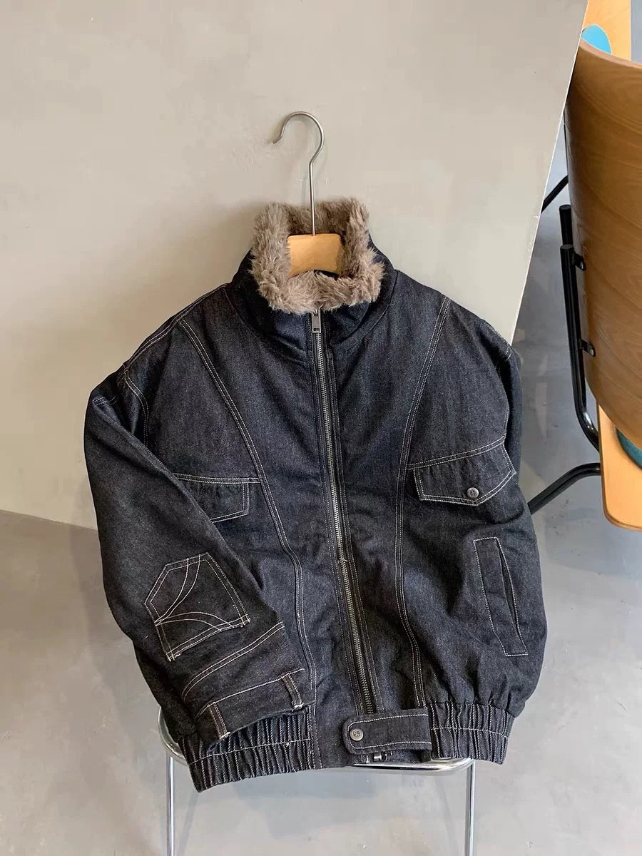 Men’s Fleece-Lined Denim Jacket – American Vintage Winter Street Outerwear T0053