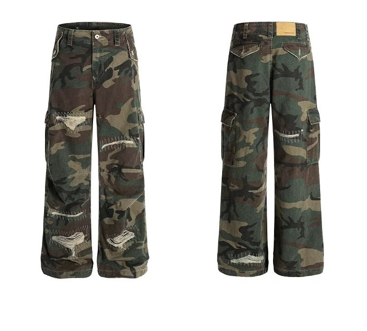 American Distressed Patchwork Camo Cargo Pants – Vintage Rugged Streetwear B0040