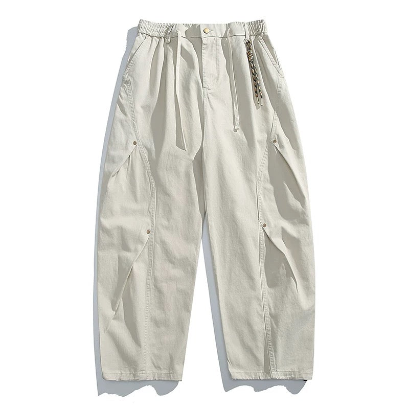 ヴィンテージアメリカンヘビーウォッシュダブルプリーツカーゴパンツ（リベット付き）、バギーワイドレッグドローストリングカジュアルジョガーパンツ T0011