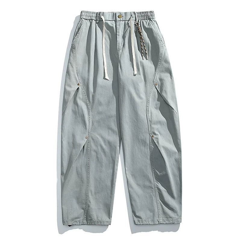 ヴィンテージアメリカンヘビーウォッシュダブルプリーツカーゴパンツ（リベット付き）、バギーワイドレッグドローストリングカジュアルジョガーパンツ T0011