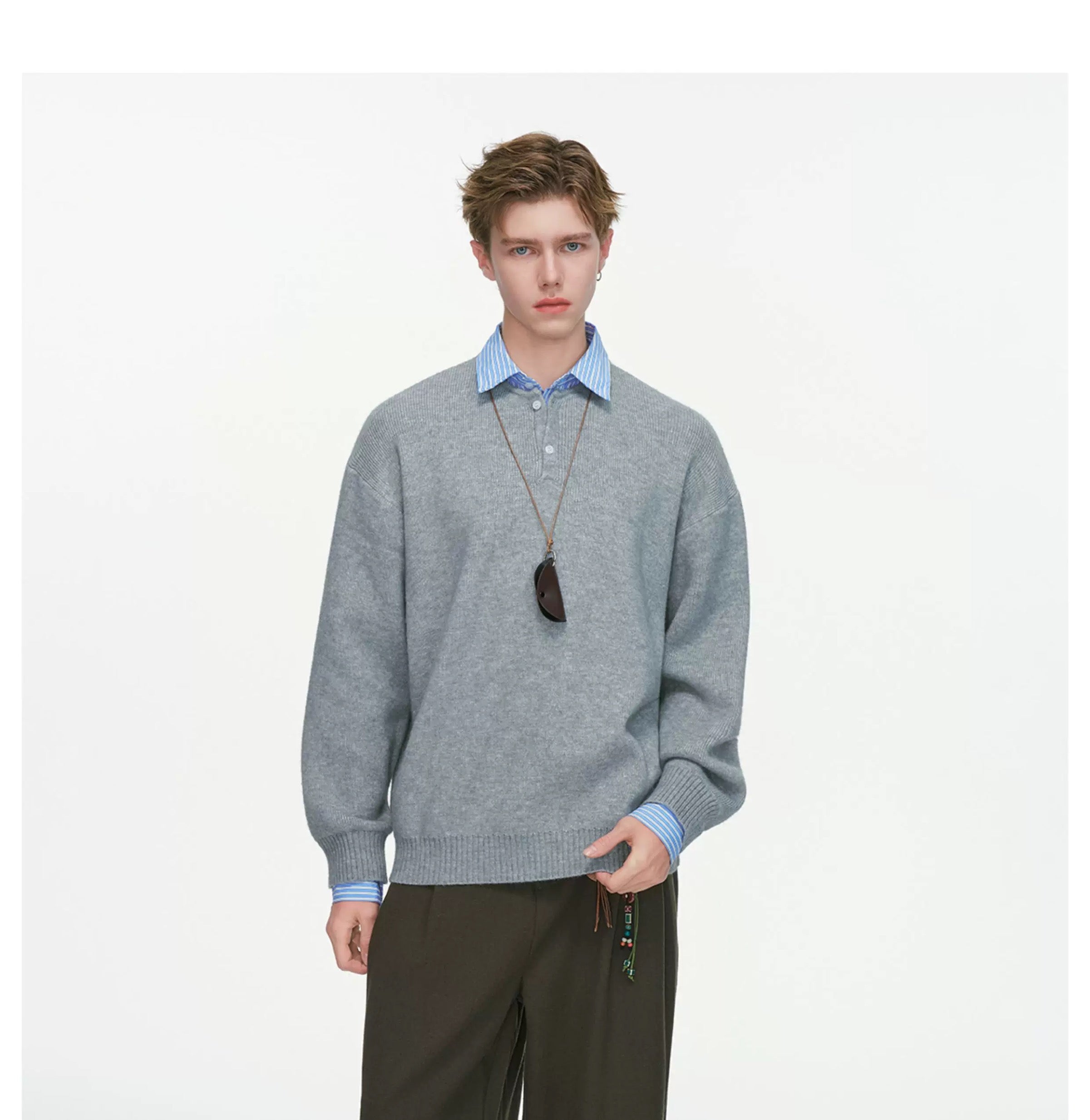 Men’s Layered Stripe Collar Sweatshirt – Vintage Preppy Street Pullover S0045