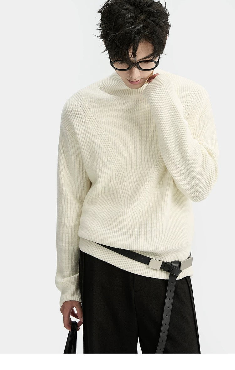 Suéter holgado de punto de lana de color liso para hombre, con cuello semialto y diseño estampado para invierno - Capa base ideal T0043