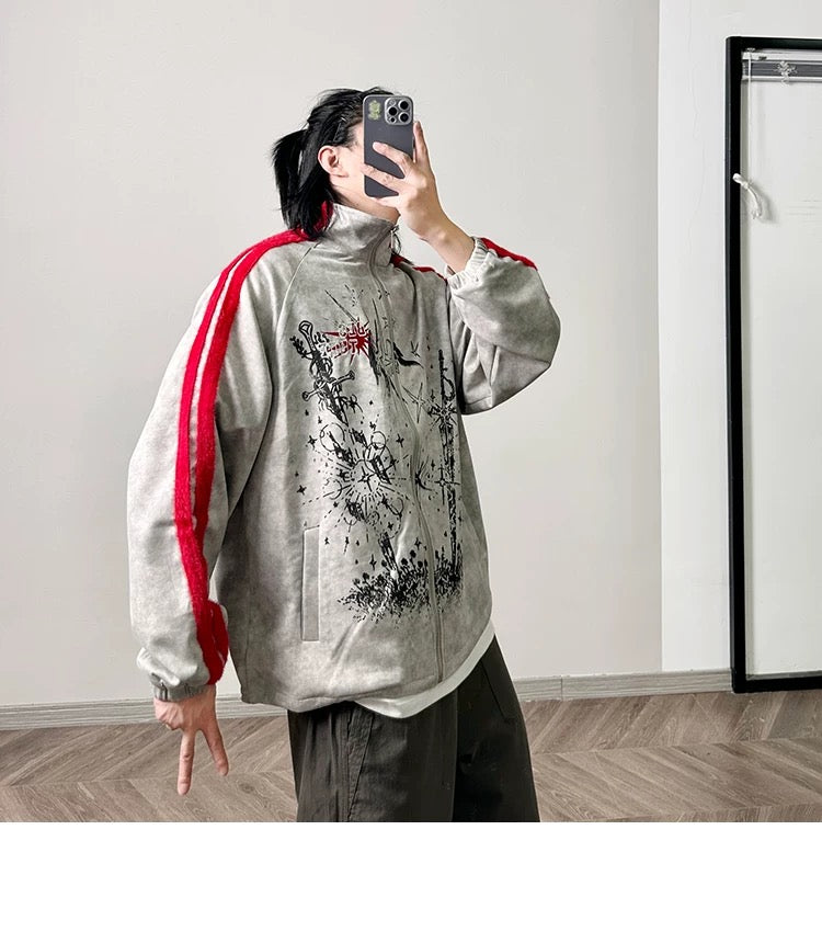 メンズ プリント カラーブロック フリースジャケット - レトロ パッチワーク ストリートウェア アウターウェア T0037