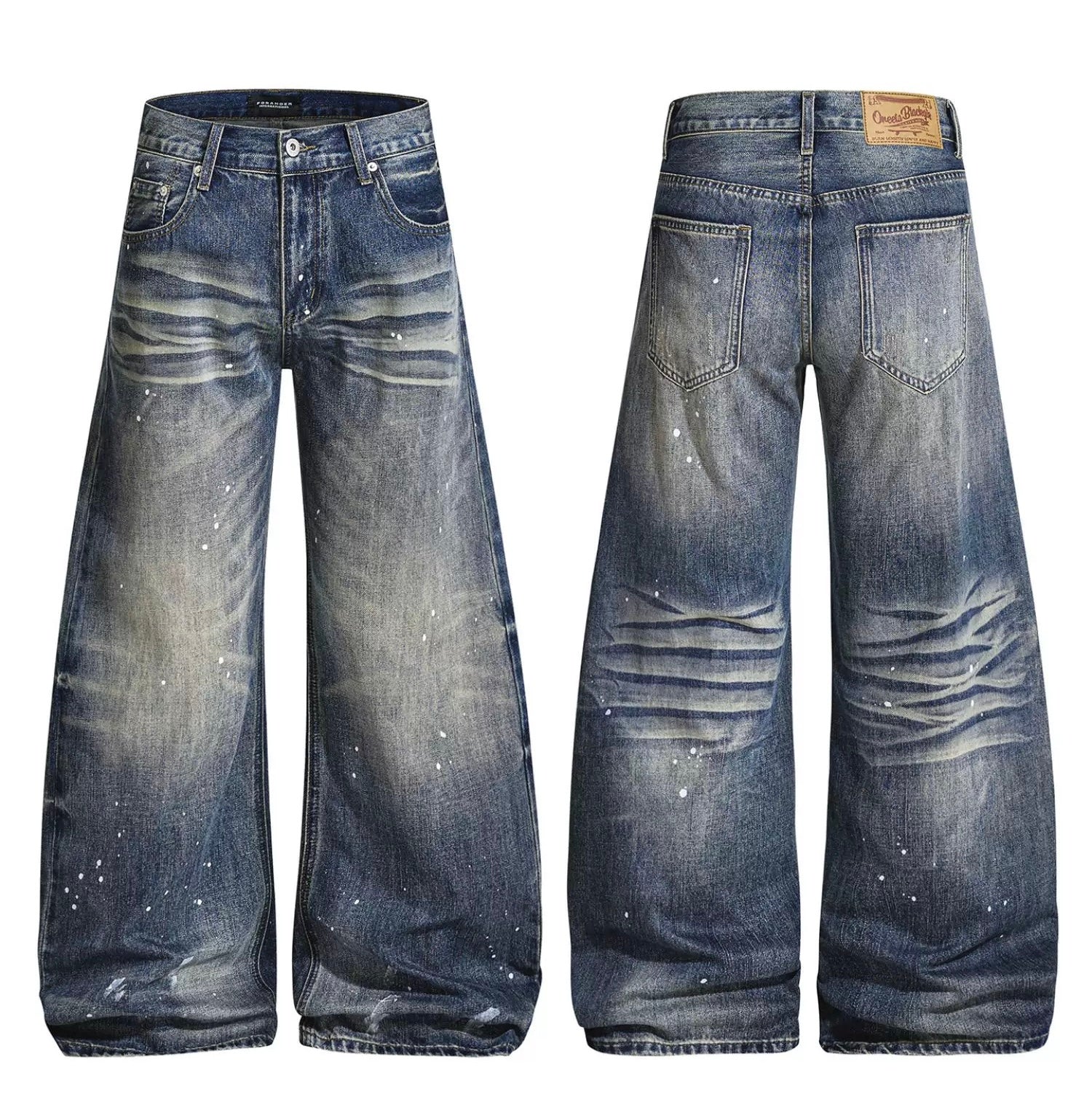 Men’s American Washed Splatter Blade-Cut Jeans – Vintage Distressed Streetwear Denim B0047