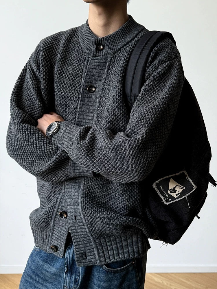 750g Heavyweight Pineapple Knit Cardigan - Men's Solid Color Relaxed Fit Minimalist Knit Jacket T0021