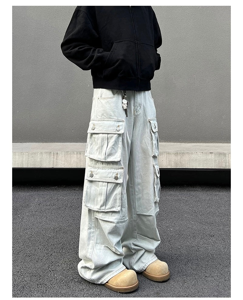 Men’s American Street Style Light Wash Multi-Pocket Jeans – Vintage Cargo Denim Pants B0053