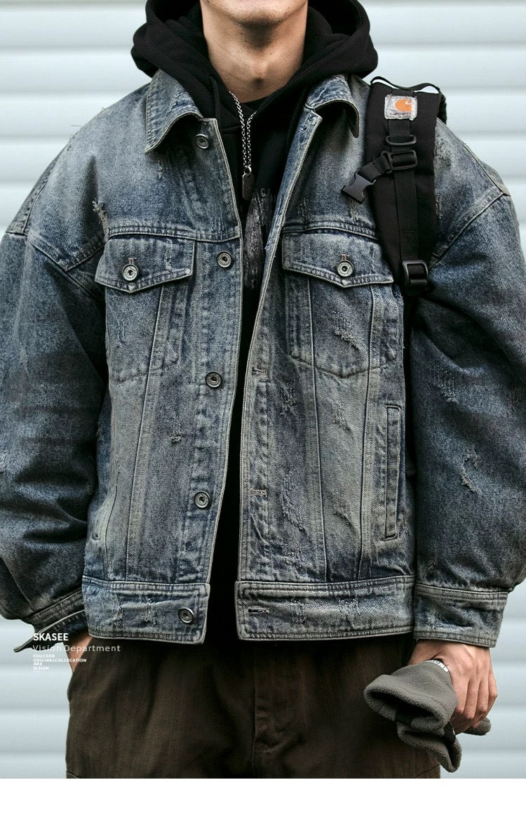 Heavy Washed Denim Down Jacket - Men's Detachable Lining Gothic Print Distressed Streetwear Coat T0019