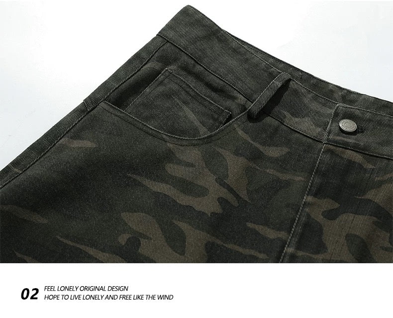 Men’s Camo Multi-Pocket Cargo Jeans – American Street Utility Denim Pants B0068