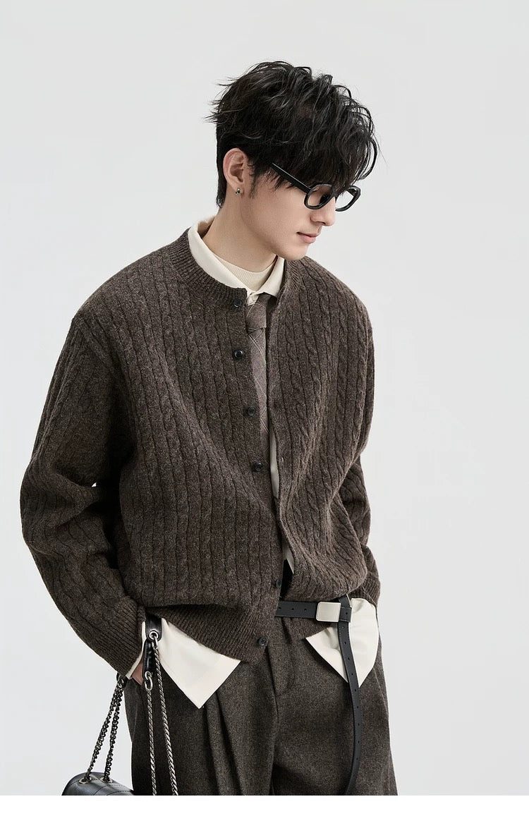 Jacquard Retro-Style Henry Neck Sweater Cardigan for Men - Wool-Blend Knitted Outerwear for Autumn & Winter T0038