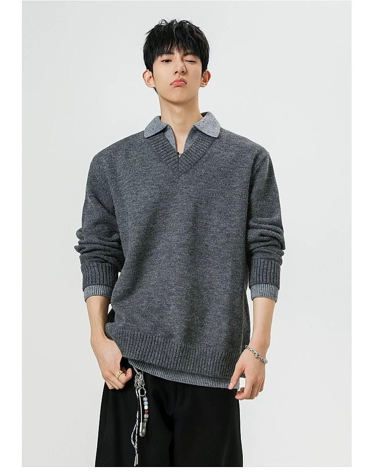 Vintage Layered Knit Sweater – Retro Patchwork Two-in-One Pullover for Men S0027