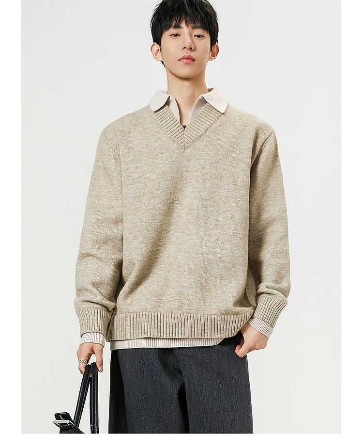 Vintage Layered Knit Sweater – Retro Patchwork Two-in-One Pullover for Men S0027