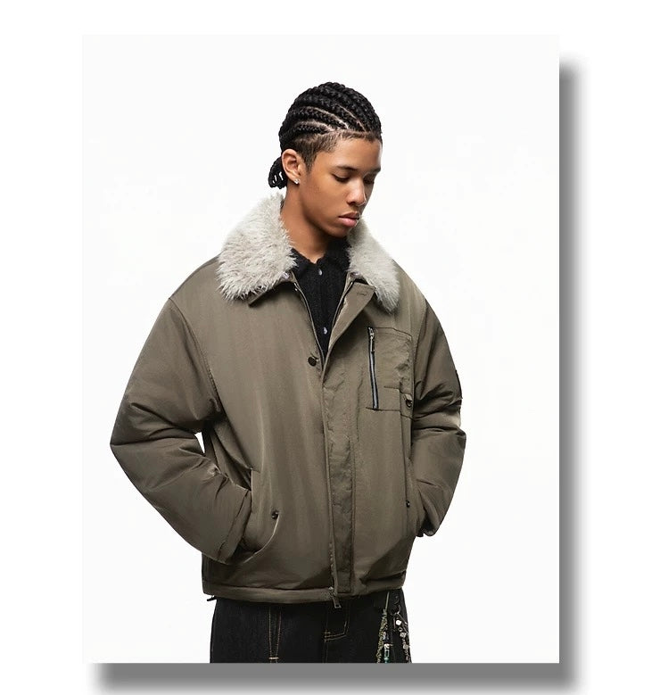 Men’s Detachable Fur Collar Padded Jacket – American Retro Winter Street Outerwear T0055