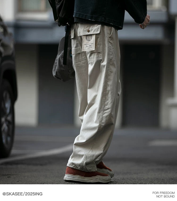 ヴィンテージアメリカンヘビーウォッシュダブルプリーツカーゴパンツ（リベット付き）、バギーワイドレッグドローストリングカジュアルジョガーパンツ T0011