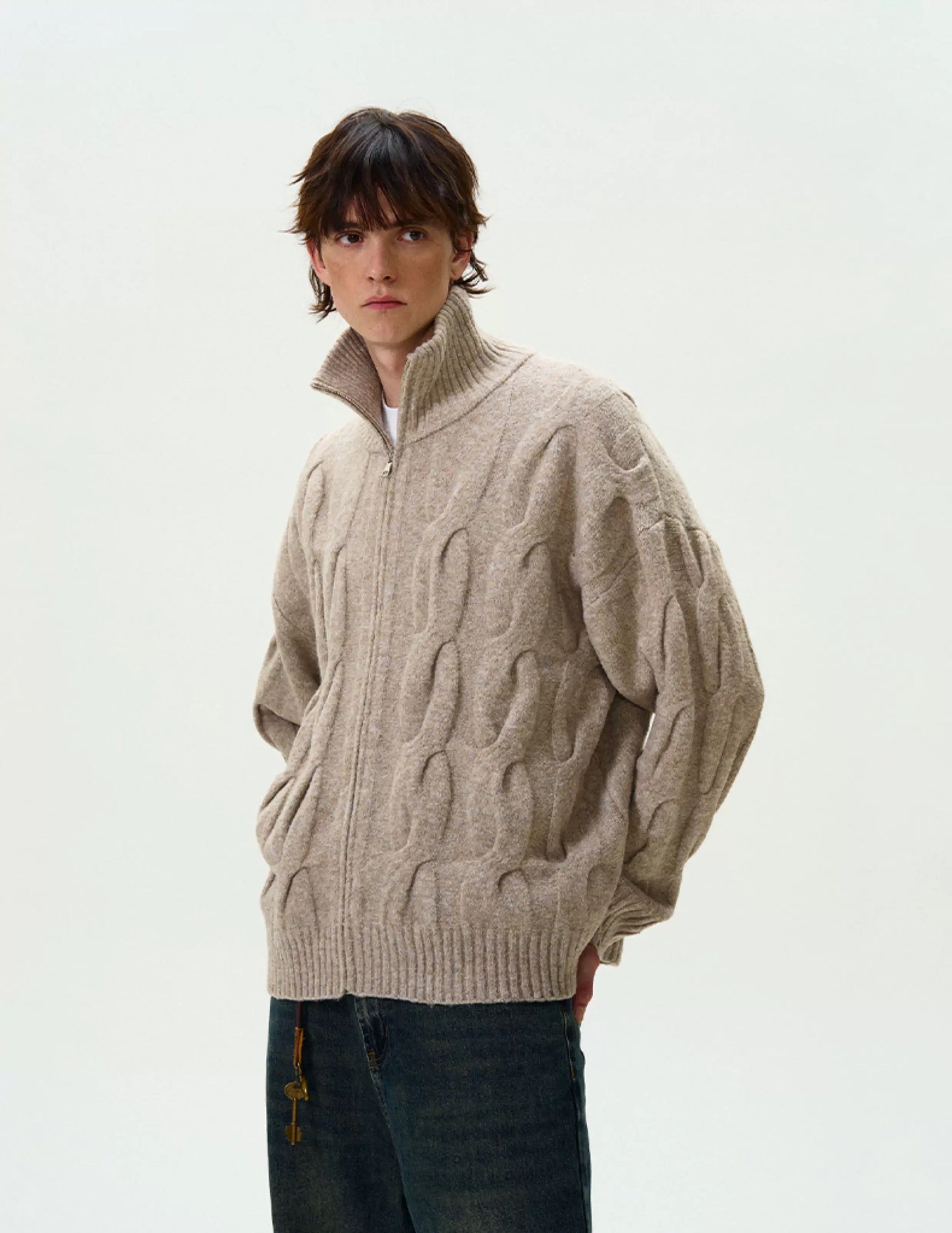 Vintage Cable Knit Turtleneck Sweater – American Retro Textured Pullover for MenS0026