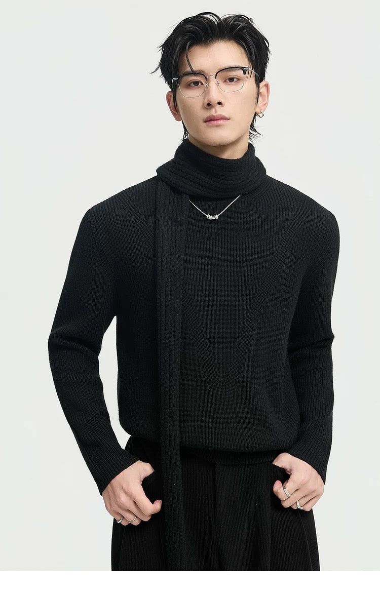 Suéter holgado de punto de lana de color liso para hombre, con cuello semialto y diseño estampado para invierno - Capa base ideal T0043