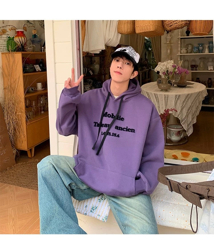 Men’s Vintage Brushed Embroidery Hoodie – Retro American Streetwear Pullover T0202