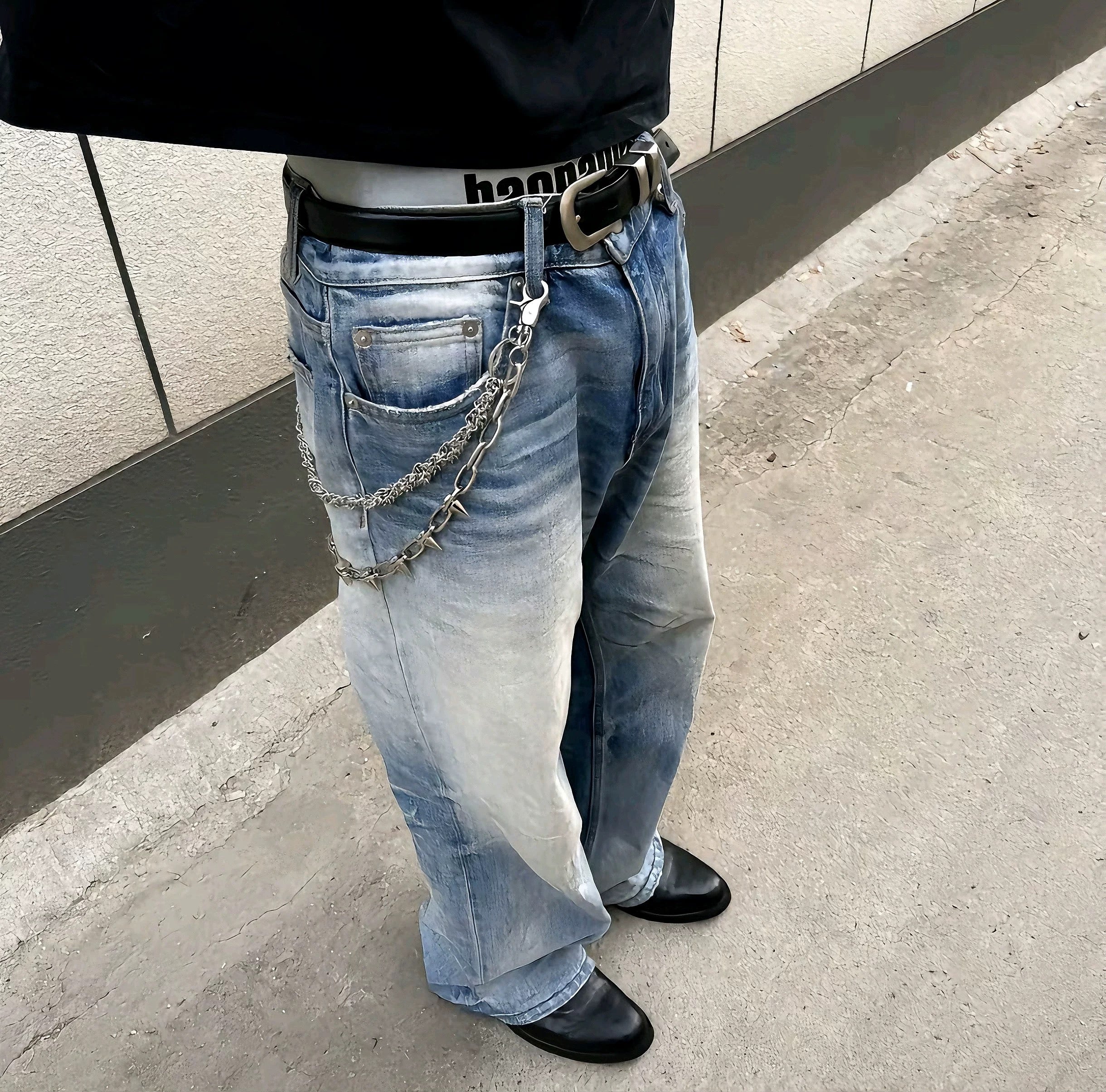 Vaqueros rectos de mezclilla azul lavado B0044