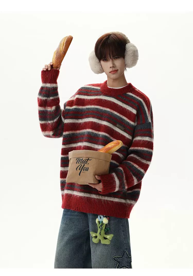 Men’s Vintage Red Striped Sweater – American Retro Knit Pullover S0049