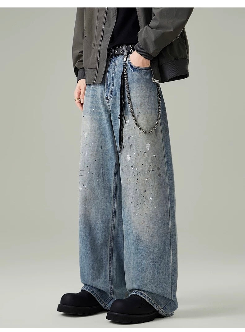 Men’s Paint-Splatter Washed Jeans – Vintage American Street Art Denim Pants B0055