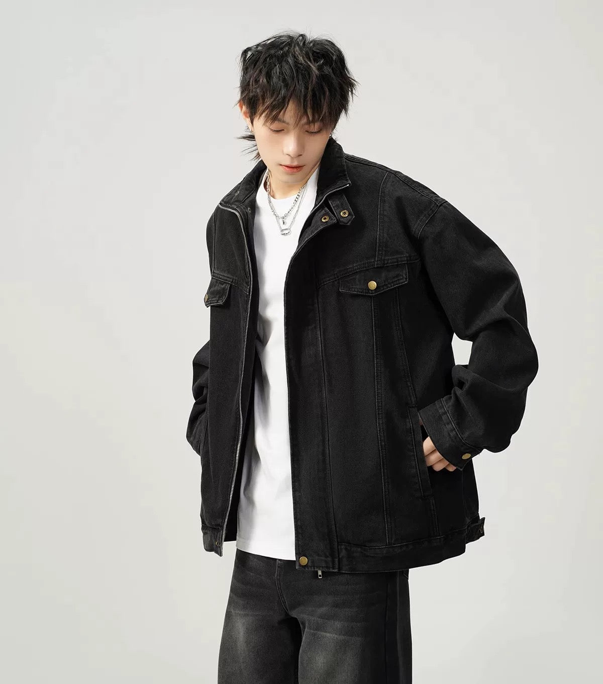 Men’s Vintage Washed Denim Jacket – American Retro Distressed Streetwear Outerwear T0046