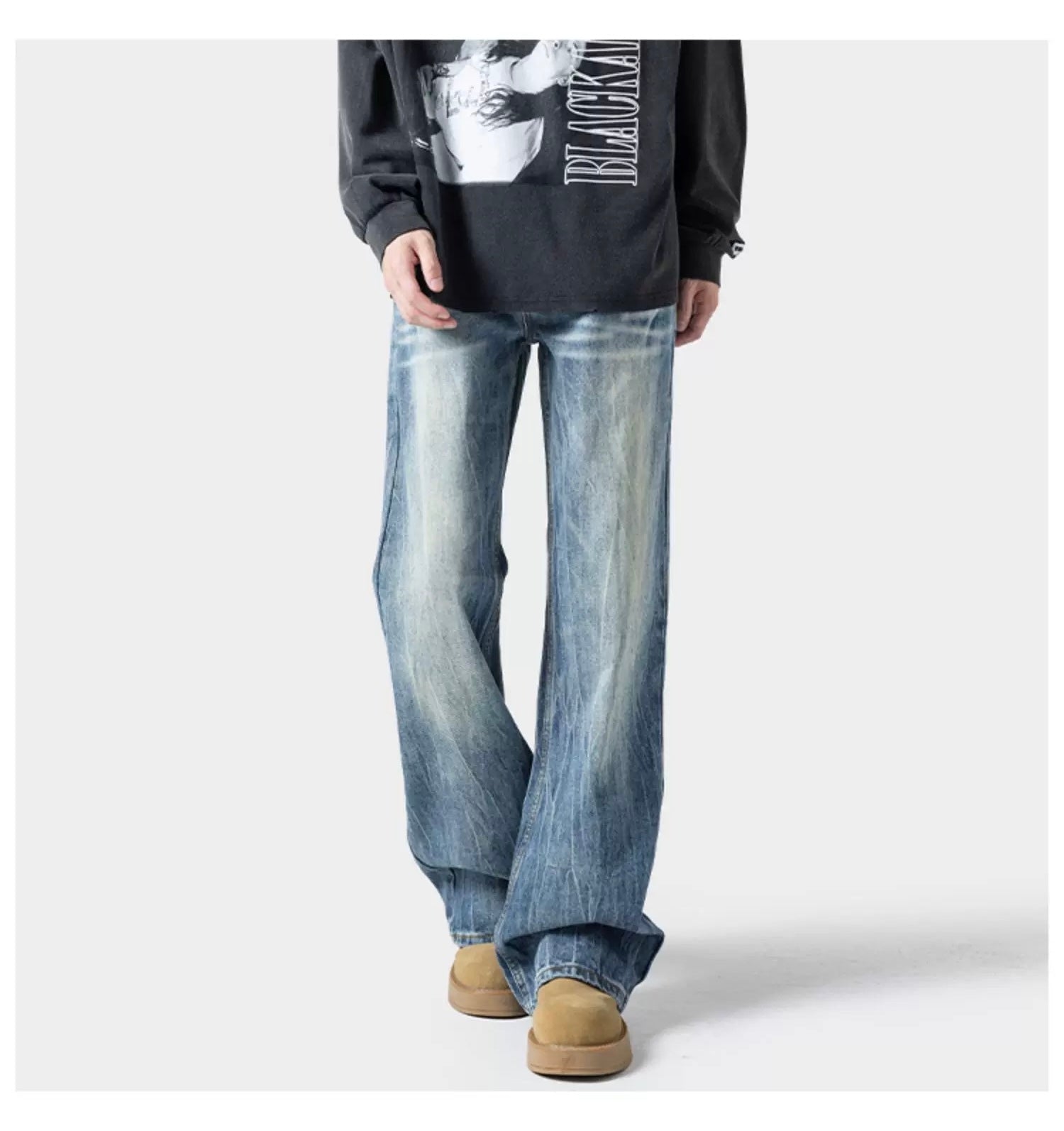 Men’s Lightning Flare Jeans – American Retro Street Denim Pants B0076