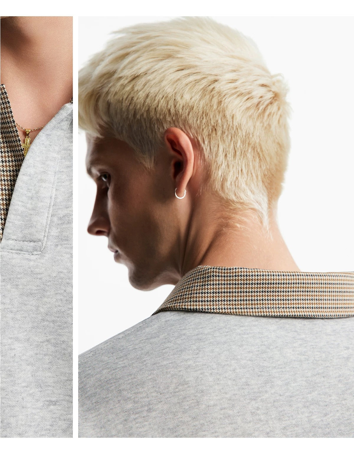 Men’s Houndstooth Patchwork Polo Long Sleeve Tee – Vintage Casual Streetwear Top S0036