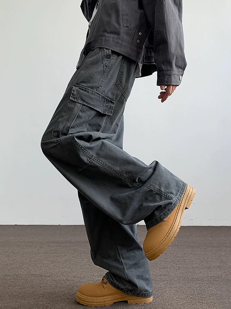 Men’s Gray Multi-Pocket Cargo Pants – Utility Streetwear Loose Fit Trousers B0062