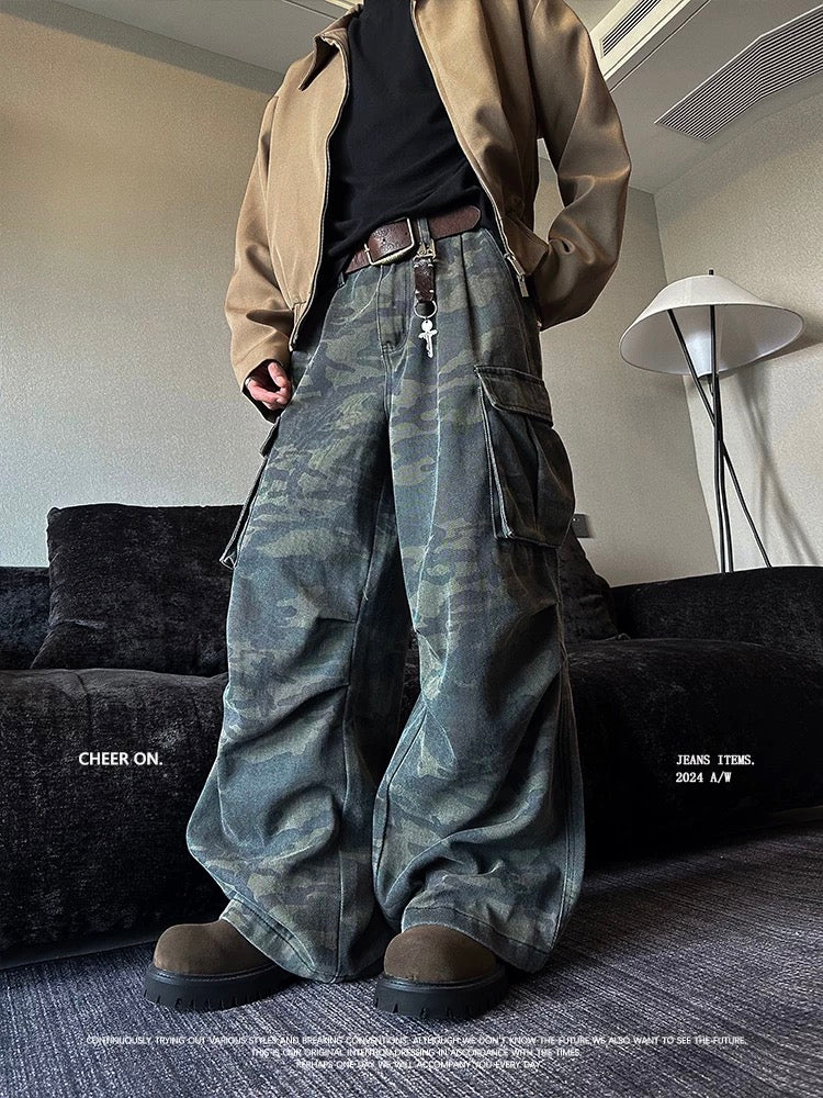 Heavyweight Vintage Camo Cargo Pants - Wide-Leg Relaxed Fit with Patchwork Pockets (Unisex Streetwear) B0104