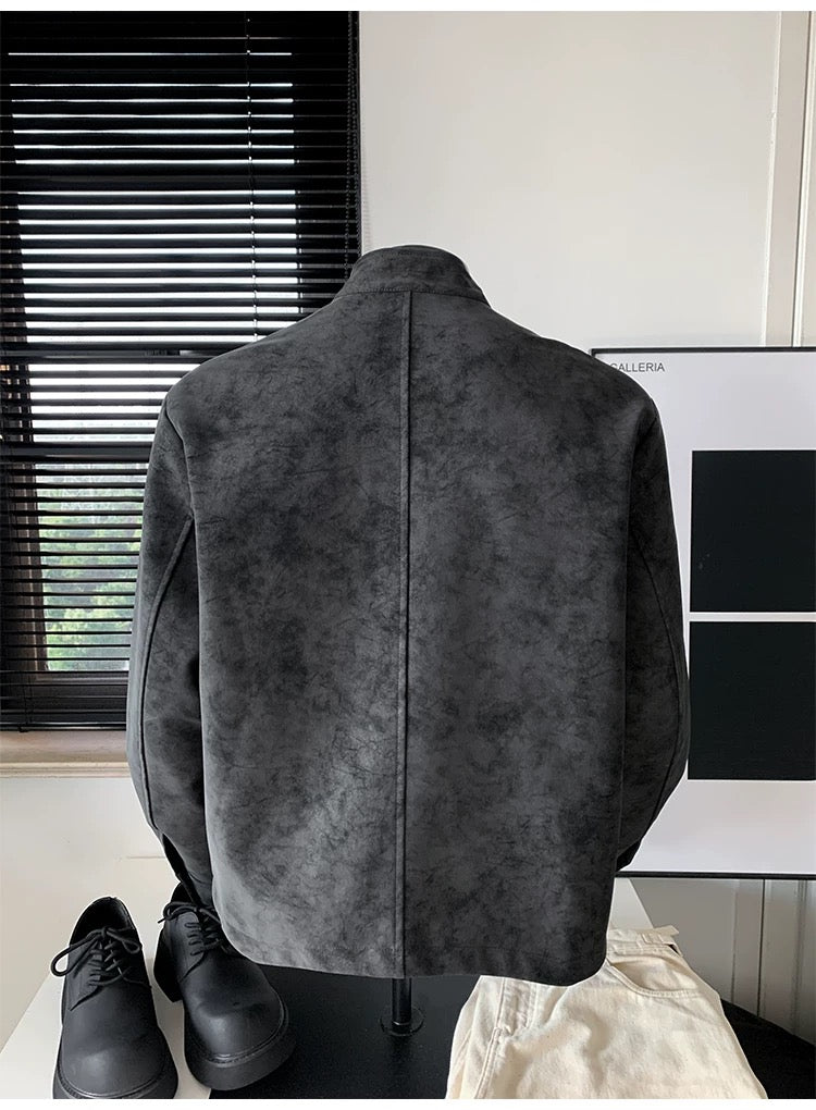 Chaqueta vintage de piel sintética con efecto tie-dye para hombre, cuello alto, estilo urbano, T0078