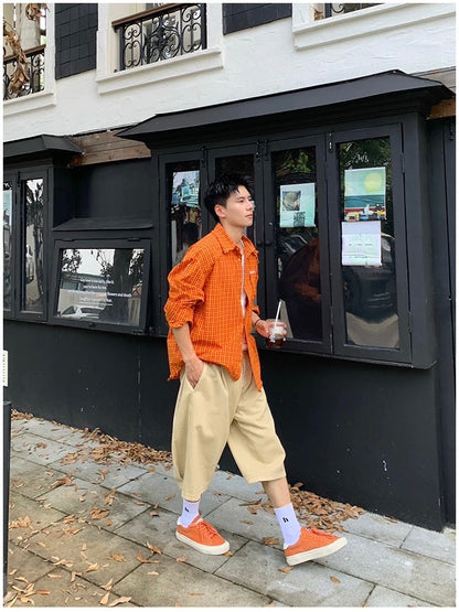 American Streetwear Orange Plaid Shirt – Vintage Long Sleeve Flannel for Men T0241