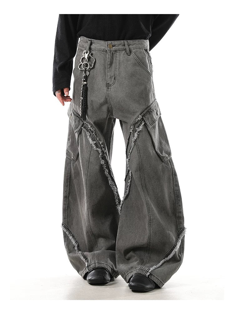 Men’s Vintage Deconstructed Denim Jeans – American Raw-Edge Curved Cut Wide-Leg Pants B0088
