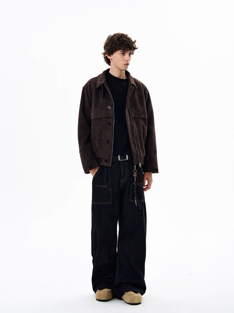 American Retro Suede Jacket – Brown Faux Suede Lapel Trucker Coat T0027