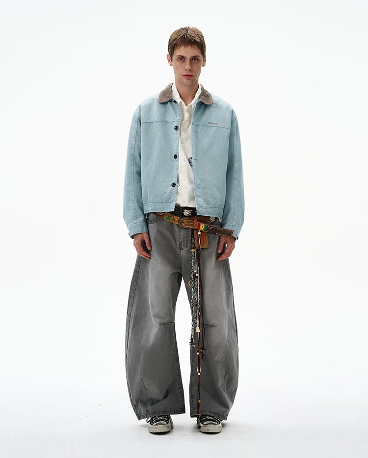 Men’s Color-Block Workwear Jacket – American Retro Contrast Collar Utility Outerwear T0064