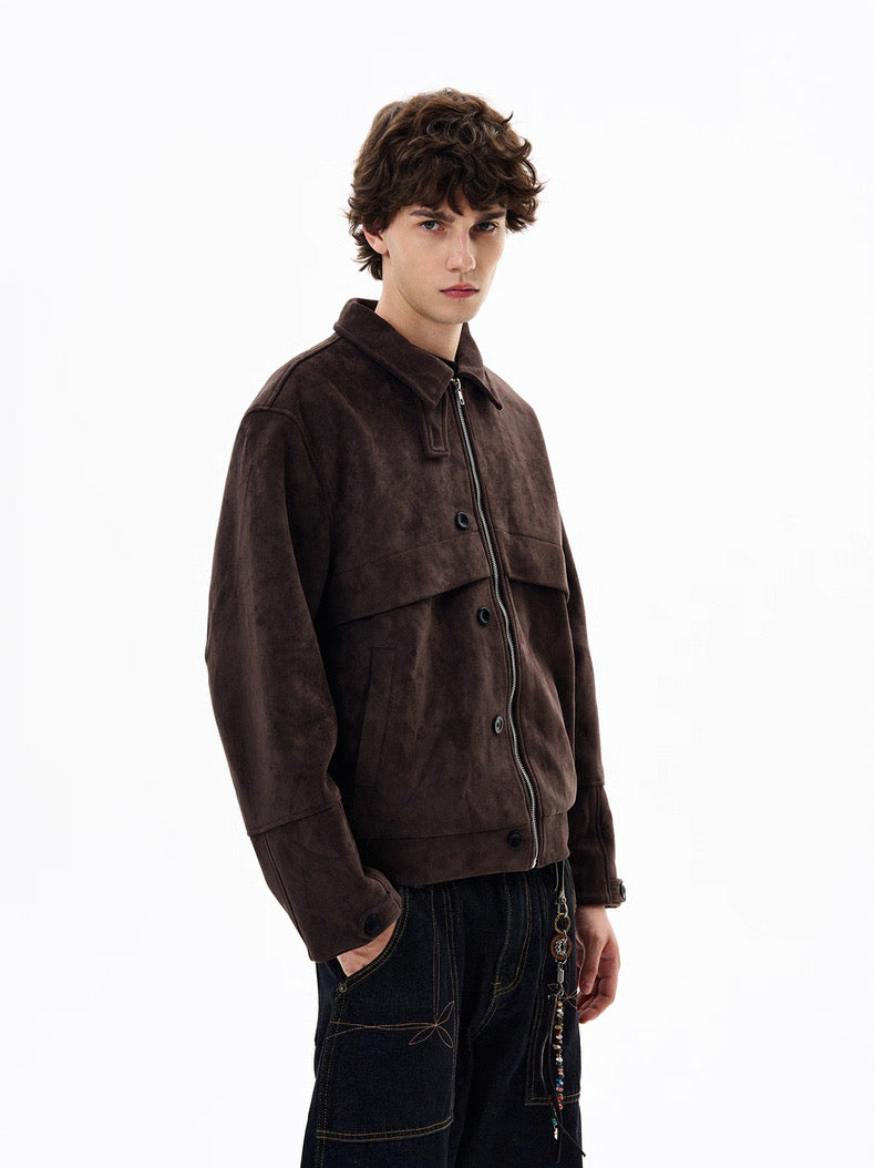 American Retro Suede Jacket – Brown Faux Suede Lapel Trucker Coat T0027