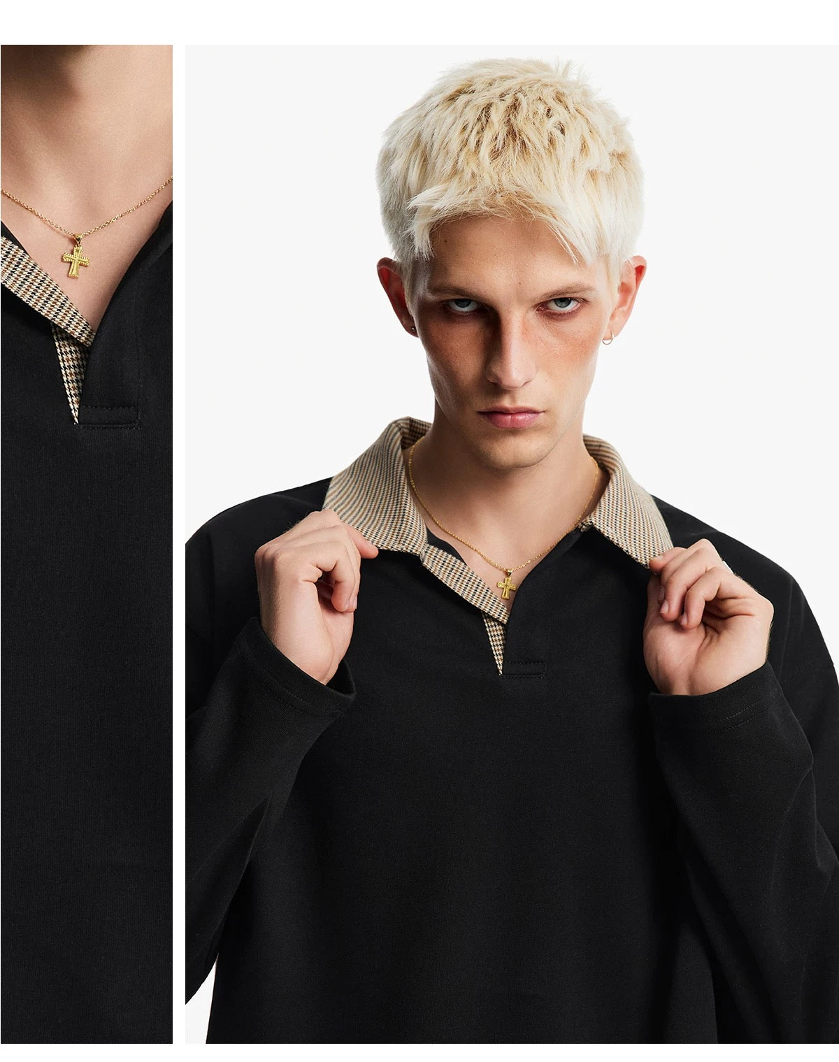 Men’s Houndstooth Patchwork Polo Long Sleeve Tee – Vintage Casual Streetwear Top S0036