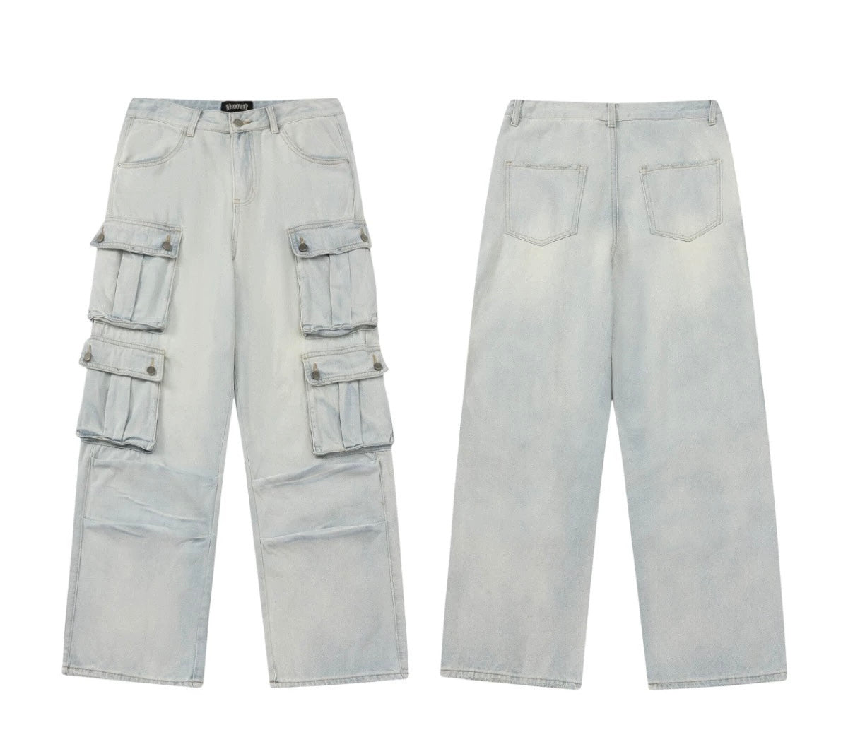 Men’s American Street Style Light Wash Multi-Pocket Jeans – Vintage Cargo Denim Pants B0053