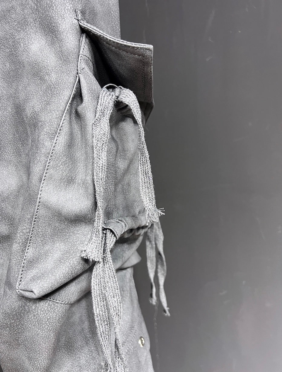 Men’s Suede PU Washed Flared Pants Gray Wide Leg Cargo Trousers Slim Fit Vintage Streetwear B0099